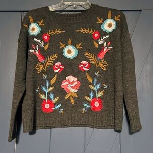 Ultra Flirt Dark Gray Embroidered Floral Crew Neck Sweater Size Small